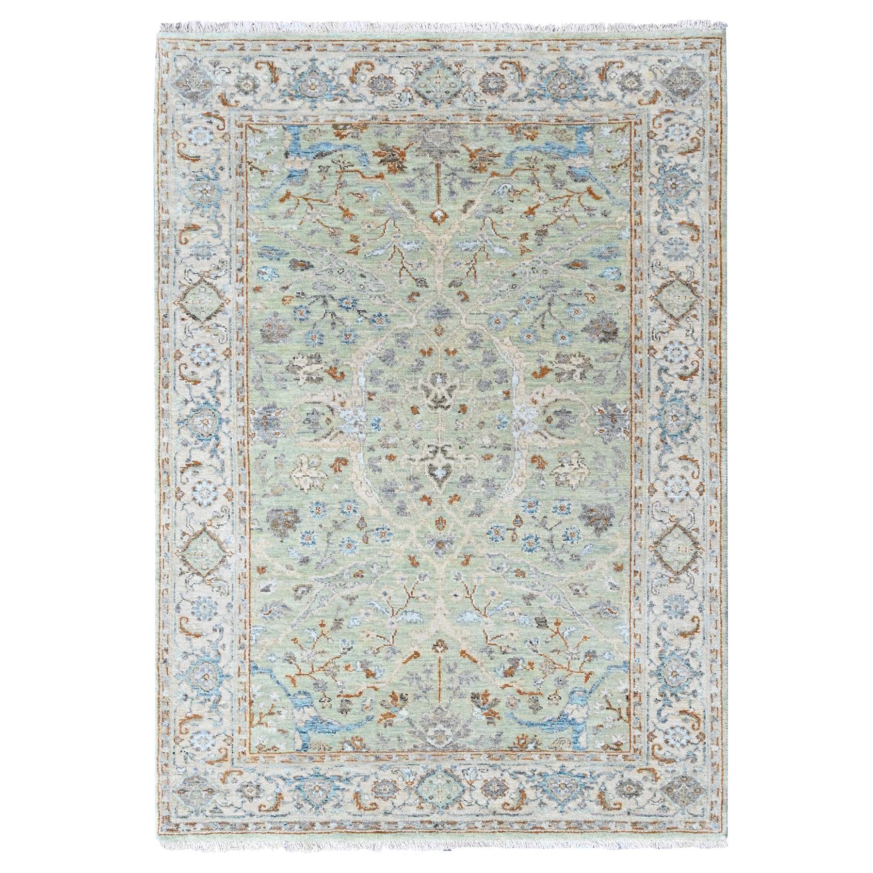 4'x6' Pistachio Green, Oushak with Floral Motifs, Denser Weave, Hand Knotted, Pure Wool, Soft Pile, Oriental Rug 